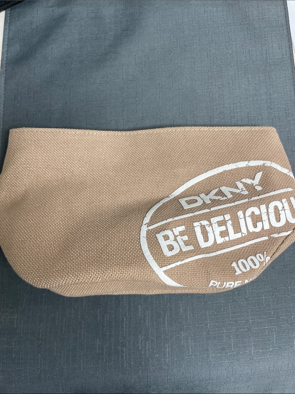 DKNY Tan Canvas 'Be Delicious' Pure New York Logo Zippered Make Up Pouch Bag